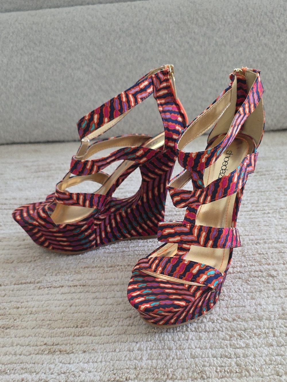 Shoe Dazzle Pink Multi Striped Cutout Wedge Sandals